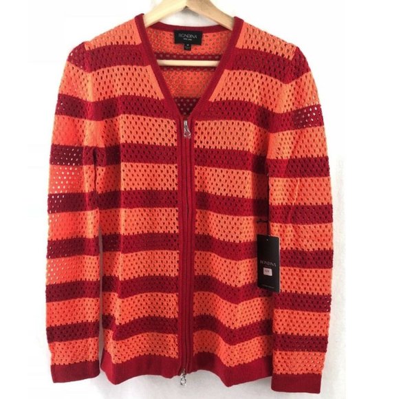 Rondina $235 Women Cardigan Striped Zip Red Coral - Picture 3 of 12